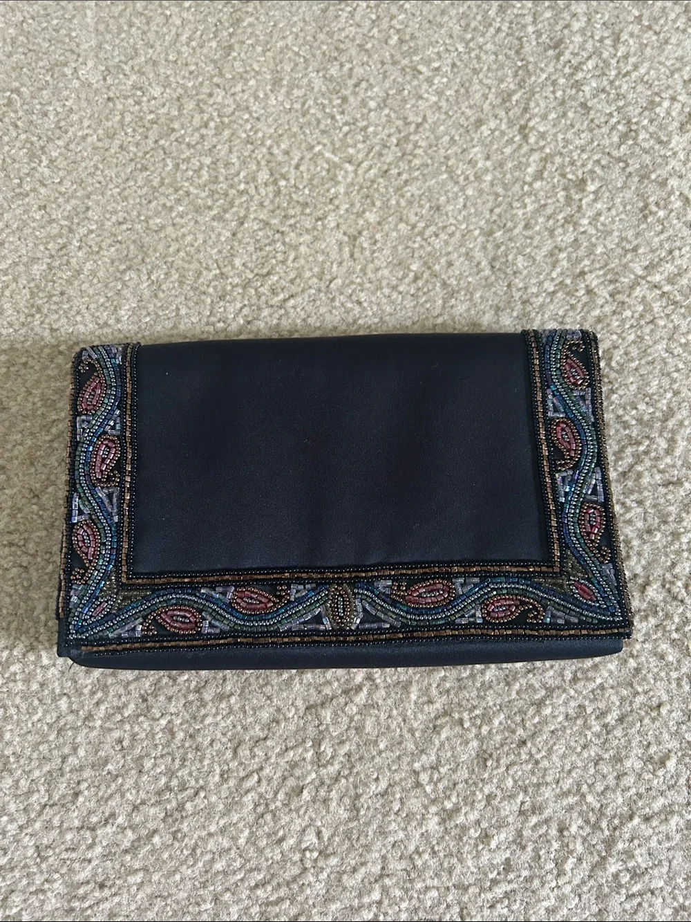 Warburg Vintage Beaded Black Fold-Over Clutch/Shoulder Bag